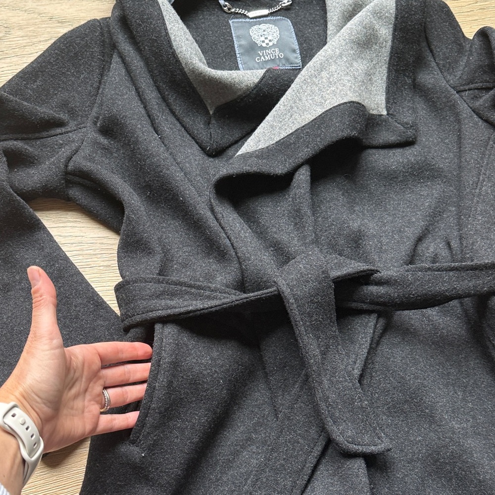 Vince Camuto Black and Gray Belted Wool Blend Jacket - Picture 3 of 5